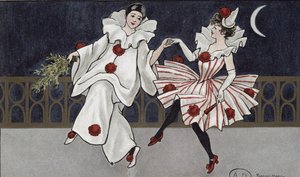 描绘皮埃罗和他的同伴的明信片，c.1900