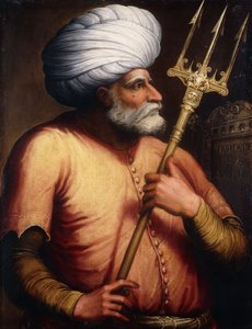 凯尔·埃尔·丁·巴巴罗萨（Khair el-Din Barbarossa）的肖像，半身，手持三叉戟，约1580年
