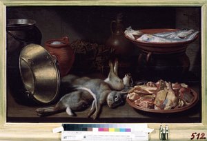 有野兔的静物。弗洛里斯-凡-舒腾（Floris van Schooten，约 1590 年至 1655 年后创作）的作品。布面油画