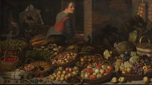 有水果和蔬菜的静物画，背景是基督在以马忤斯 作者 Floris Claesz van Dijck（拒绝归因）