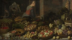 静物与水果和蔬菜，与基督在Emmaus在背景中，c。 1630