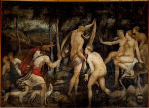 狩猎女神黛安（阿尔忒弥斯）和猎人阿克顿 枫丹白露学院的绘画（16 世纪）。 昏暗 2,65 x 3,67 m 作者 枫丹白露学校