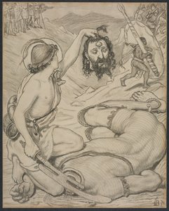 大卫和歌利亚（David and Goliath），《耶稣学校的彩色玻璃窗卡通》，剑桥，1872年。 作者 福特·马多克斯·布朗
