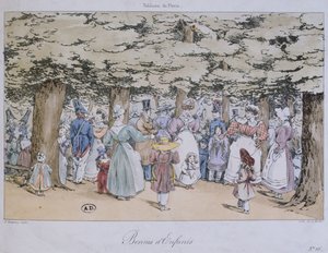 公园内的儿童和保姆，来自Tableau de Paris系列，由C. Motte雕刻，1827年 作者 财富德拉鲁