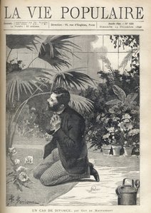 一个绝望的人在温室里跪地祈祷。F. Meaulle在B. Borione之后为居伊-德-莫泊桑（1850-1893）的《离婚案》所作的插图。1890年在《大众生活》中的版画。私人收藏 作者 路易斯·莫厄尔财富