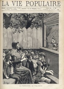 一群孩子中间的一个女人为木偶戏鼓掌（Guignol）。蒙特古特为保罗-阿雷内（1843-1896）的 "农民 "所作的《财富》插图。人民生活》中的版画 作者 路易斯·莫厄尔财富