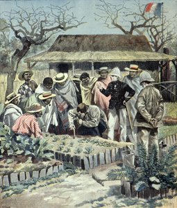 1897 年，法国人在马达加斯加给土著人上农耕课（雕刻）