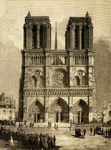 1482 年的巴黎圣母院（Notre-Dame）：西立面和门廊。F. Meaulle 根据维奥莱特-勒-杜克（Viollet-le-Duc）为维克多-雨果的同名小说绘制的插图绘制的版画，20 世纪初奥兰多夫版。左下方 作者 路易斯·莫厄尔财富