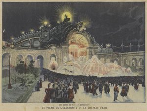 电宫和水城堡在晚上，博览会Universel 1900年，巴黎