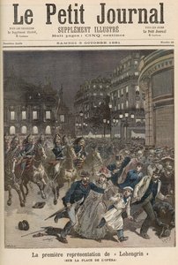 巴黎的骚乱反对1891年10月3日“Le Petit Journal”中卡尼尔宫的“Lohengrin”表演