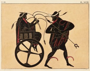 希腊安福拉上的装饰版画，显示特里普托勒摩斯和赫耳墨斯，约 1858 年（水彩和体彩，平版，织纹纸） 作者 福尔克敏 福尔克敏