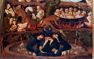 The Last Judgment: detail of the Underworld. Damns in the infernal circles, tortures by demons. Detail of a detrempe on wood by Guido di Pietro (or Fra Giovanni da Fiesole) dit Fra Angelico or il Beato (1387-1455)