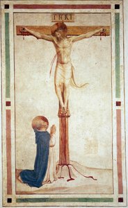 与圣多米尼克受难。十字架上的题词“” INRI“”。 Guido di Pietro的壁画 作者 弗拉·安杰利科