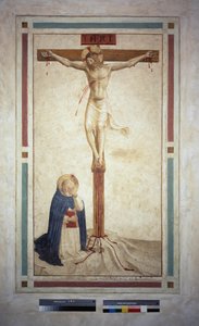 与圣多米尼克受难。十字架上的题词“” INRI“”。 Guido di Pietro的壁画 作者 弗拉·安杰利科
