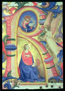 558 f.33v女士天使报喜在历史悠久的R中描绘，详细信息来自Missal，1430年代早期的牛皮纸细节88932 作者 弗拉·安杰利科