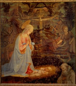 圣母、圣婴耶稣、施洗者圣约翰和克莱尔沃的圣伯纳 (San Bernardo di Chiaravalle) (1090 - 1153) 后者是西斯特修会的创始人和圣殿骑士团的第一位赞助人。 对 w 进行抗震 作者 菲利波·里皮