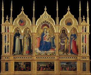 带着孩子和圣徒的玛丽亚 佩鲁贾祭坛画，约1437年。 作者 Fra Giovanni Angelico da Fiesole