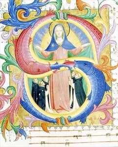 Missal 558 f.156v 历史性的首字母 "S"，描绘了圣母在她的斗篷下庇护祈祷者，约1429-30（牛皮纸）。 作者 Fra and Strozzi Zanobi di Benedetto Angelico