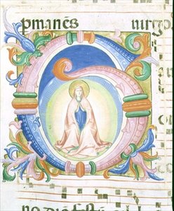 Missal 558 f.92 历史性的首字母 "G"，描绘了圣母的祈祷。 作者 Fra and Strozzi Zanobi di Benedetto Angelico