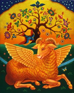 与金羊毛的Ram，2011年（面板上的油和蛋彩画）