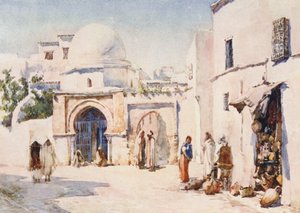 突尼斯 Tourbet el Bey 街的 Zaouia（彩色石版画） 作者 弗朗西斯·内斯比特