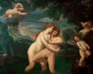 Salmacis in the bath repelled by Hermaphrodite The nymph Salmacis, eprise of the son of Hermes and Aphrodite, sees his advances repelled - Painting by Francesco Albani dit l