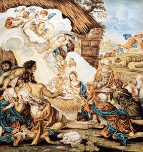 婴儿床，彩绘珐琅板，由 Francesco Antonio Xaverio Grue (1686-1746) 设计，意大利阿布鲁佐卡斯泰利制造 作者 弗朗切斯科·安东尼奥·沙维里奥·格鲁