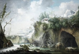 冬季的河流景观，雪道上的旅行者
