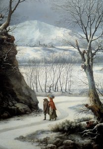 冬天在路上的情侣。 Francesco Foschi 的绘画 (? - 1805)