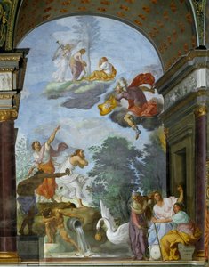 洛伦佐-德-美第奇（Lorenzo de Medici il Magnifico）之死的寓言，被称为 "伟大"（1449-1492）。右边是命运之神的代表，即内阁（或帕克）。克洛托、拉奇斯和阿特罗波斯。弗朗西斯科-富里尼的壁画（160
