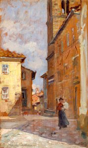 弗朗西斯科·乔利（Francesco Gioli，1846-1922 年）在沃尔泰拉的街道上，面板油画，38x23 厘米