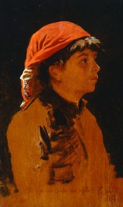 弗朗切斯科-吉奥里（1846-1922 年）的红围巾，油画，28x17 厘米