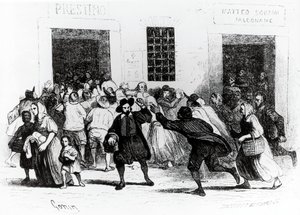 抢劫拐杖面包店，《未婚妻》中的插曲，作者亚历山德罗-曼佐尼（1785-1873），插图为弗朗西斯科-戈宁（1808-1889）1840年版