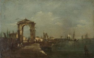 风景与码头和湖上的船只 作者 弗朗切斯科·瓜迪（Francesco Guardi）
