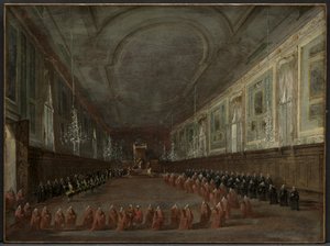 教皇庇护六世降下王位，要离开大厅里的总督...，c。 1783年。 作者 弗朗切斯科·瓜迪（Francesco Guardi）