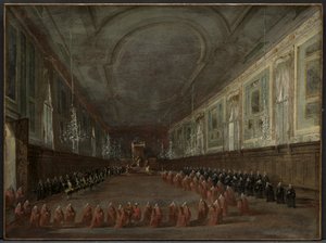 教皇庇护六世在圣乔瓦尼和保罗厅下座向总督辞行，1782 年乔瓦尼和保罗，1782 年 作者 弗朗切斯科·瓜迪（Francesco Guardi）