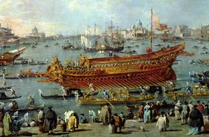 乘船前往威尼斯丽都的&39;Bucentaur&39;出发，船的细节，1766-70