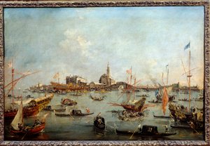 升天日在威尼斯圣尼科洛的 Bucentaurus (Bucentoro) 上的总督 这可能是 Doge Alvise IV Mocenigo (1763-1778)。 Francesco Guardi (1712-1793) 1775-1780 年作画。 0,67x1m 作者 弗朗切斯科·瓜迪（Francesco Guardi）