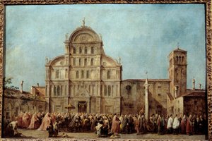 威尼斯总督在复活节那天（1763 年）前往圣扎卡里亚教堂的游行。 Francesco Guardi (1712-1793) 的绘画，大约 1766-1770 年。 布面油画。 昏暗：0,67 x 1,01m。 - 威尼斯总督在圣扎卡里亚教堂的游行，在 E 作者 弗朗切斯科·瓜迪（Francesco Guardi）