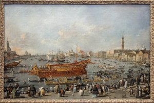 Bucentaurus (Bucentoro) 在升天日开始前往威尼斯丽都，总督参加了升天庆祝活动的重大活动，威尼斯与亚得里亚海的婚礼，以纪念 14 世纪对达尔马提亚的征服 作者 弗朗切斯科·瓜迪（Francesco Guardi）
