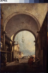 威尼斯市景。弗朗切斯科-瓜尔迪（Francesco Guardi，1712-1793 年）创作，约 1770 年。木板油画。洛可可风格的威尼斯艺术。圣彼得堡冬宫博物馆。 作者 弗朗切斯科·瓜迪（Francesco Guardi）