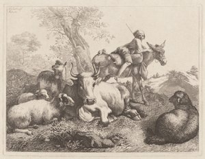 骑着驴子的男孩看护着一群动物，1763年。 作者 弗朗切斯科·伦敦尼奥（Francesco Londonio）