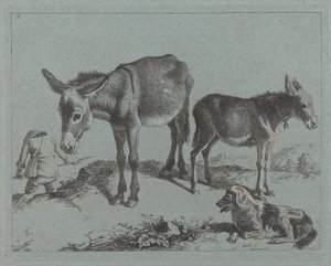 驴子和它的马驹，一条狗和一个农民，1762-1763。 作者 弗朗切斯科·伦敦尼奥（Francesco Londonio）