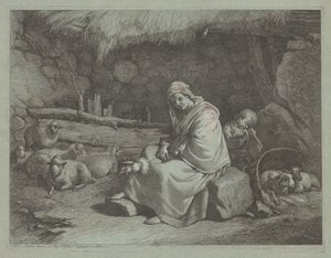 马厩内部，有一个坐着的纺纱工和睡觉的孩子，1759-1782。 作者 弗朗切斯科·伦敦尼奥（Francesco Londonio）
