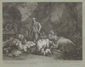 老秃头牧羊人，坐着的牧羊男孩和羊群，1766年后。 作者 弗朗切斯科·伦敦尼奥（Francesco Londonio）