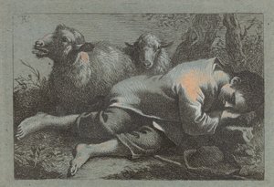 靠近两只羊的农民男孩在睡觉，17581759。 作者 弗朗切斯科·伦敦尼奥（Francesco Londonio）