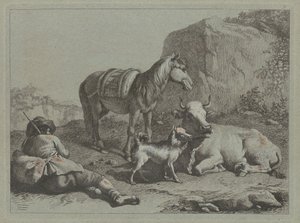 躺在地上的牧羊人与麻袋，约1763年。 作者 弗朗切斯科·伦敦尼奥（Francesco Londonio）