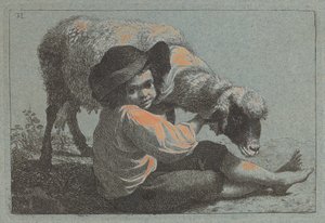坐着的农家男孩抱着一只羊。 作者 弗朗切斯科·伦敦尼奥（Francesco Londonio）
