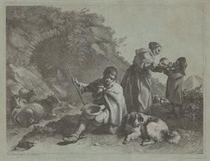 坐着的牧羊人男孩和给孩子喝水的女人，1759-1782。 作者 弗朗切斯科·伦敦尼奥（Francesco Londonio）