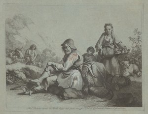 坐着的牧羊人和拿着篮子的农妇，1759-1782。 作者 弗朗切斯科·伦敦尼奥（Francesco Londonio）